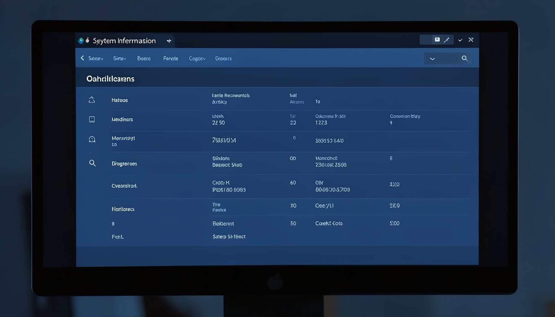 A clean system information dashboard on a monitor with hardware specs listed in a blue-tinted dark theme interface