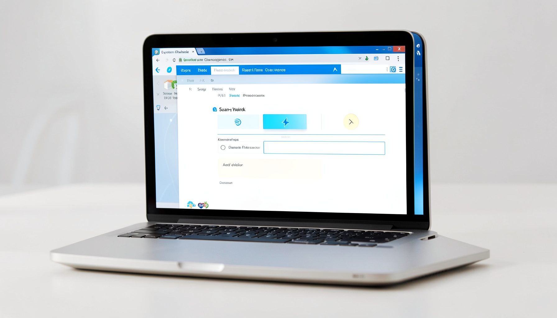 A laptop displaying a system cleaning utility interface with blue accent highlights and a scan-in-progress animation