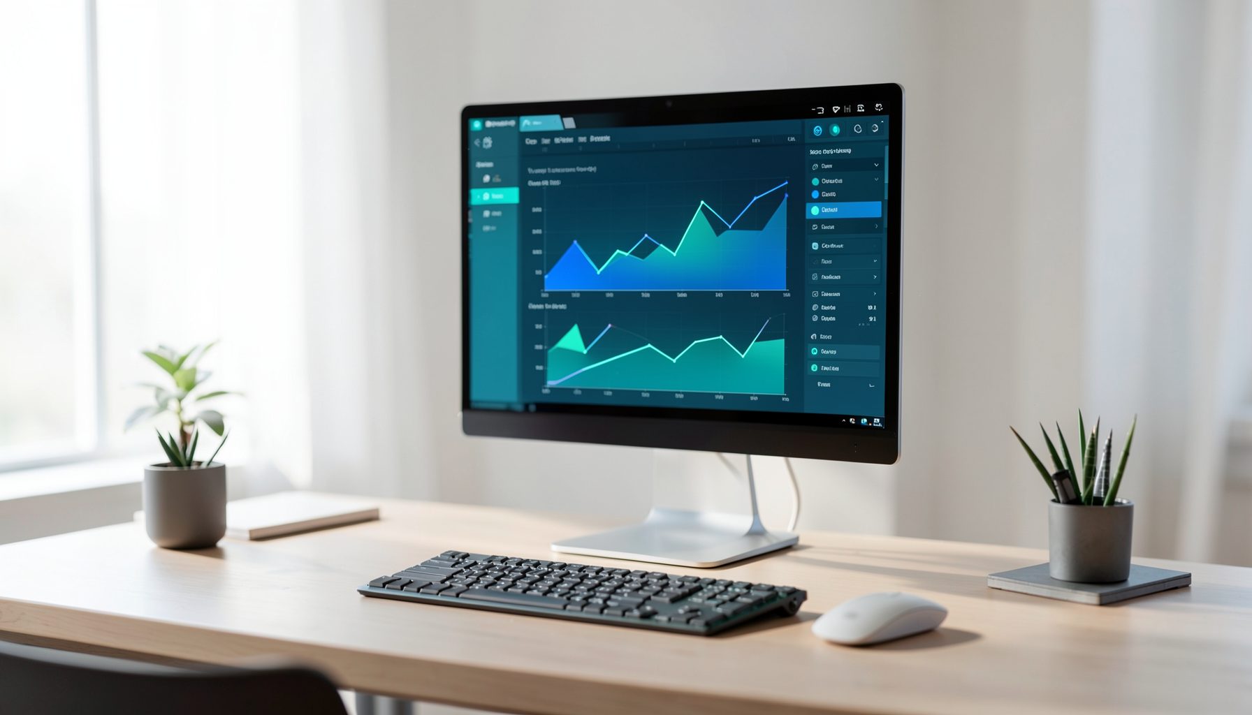 A sleek desktop workspace with a glowing monitor displaying system diagnostic charts in blue and teal tones, surrounded by a clean modern desk setup with soft natural lighting