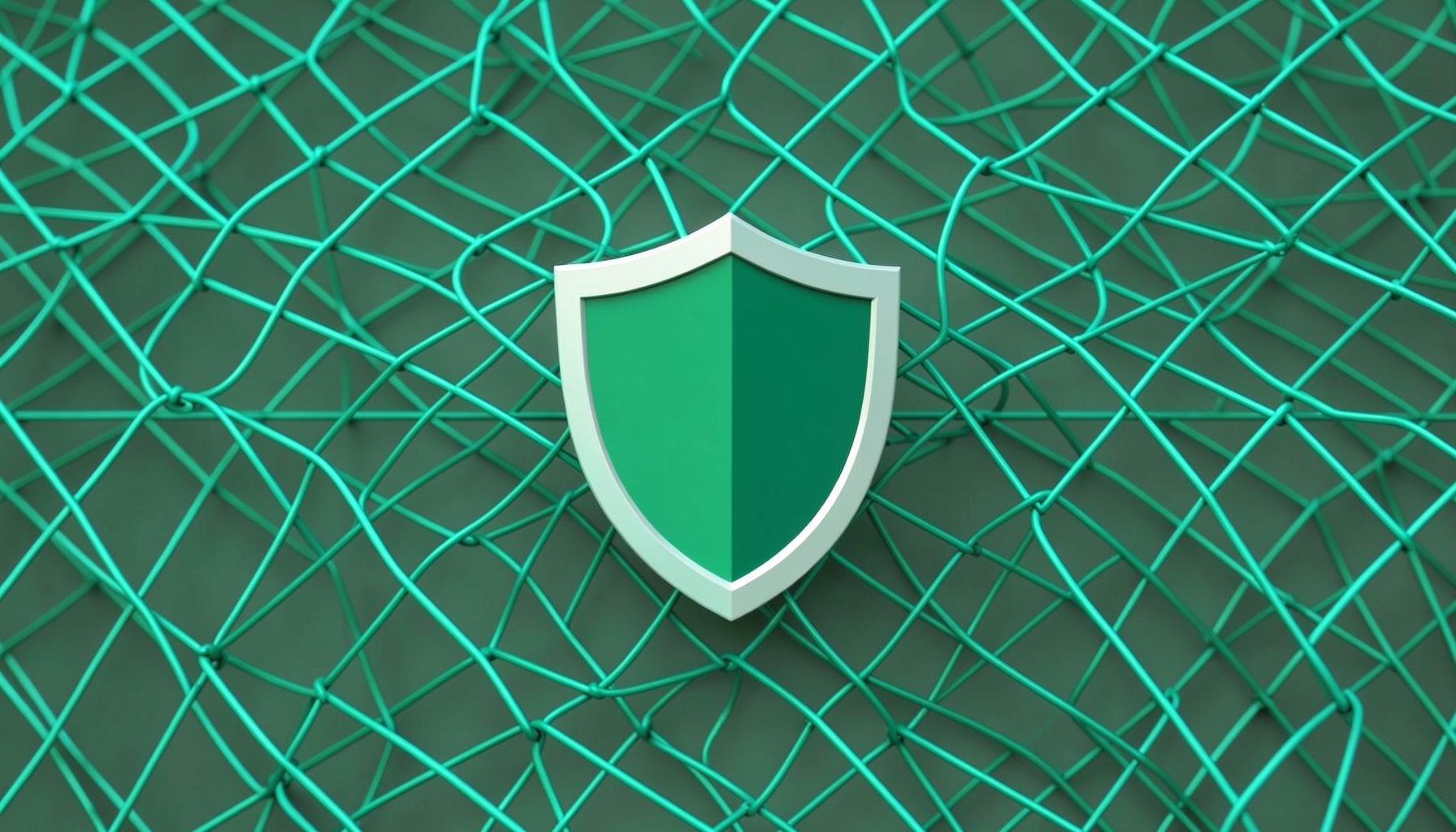 Abstract green and teal network mesh with a shield icon in the center