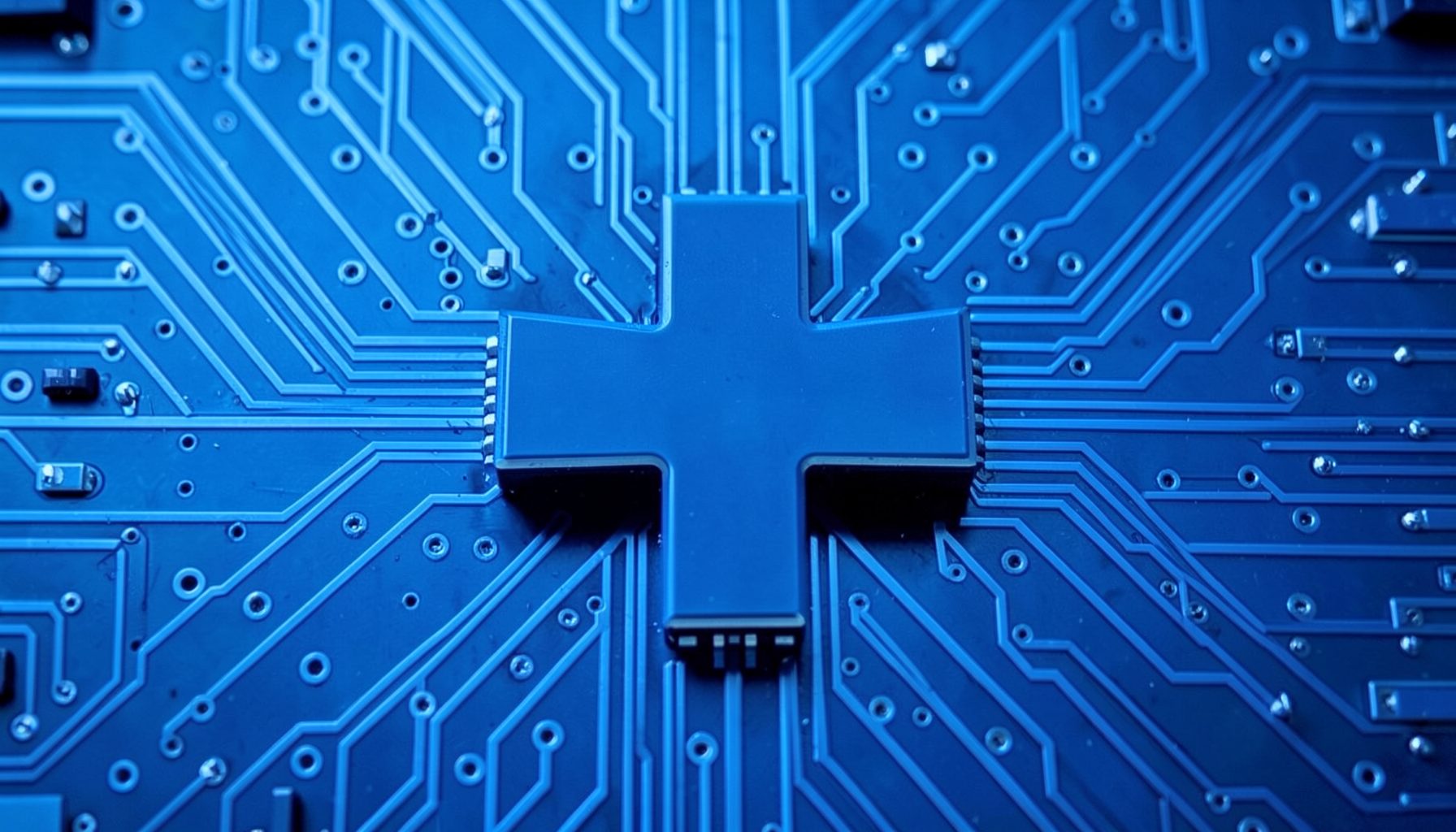 Cool blue circuit-board pattern with a prominent antivirus-style cross symbol