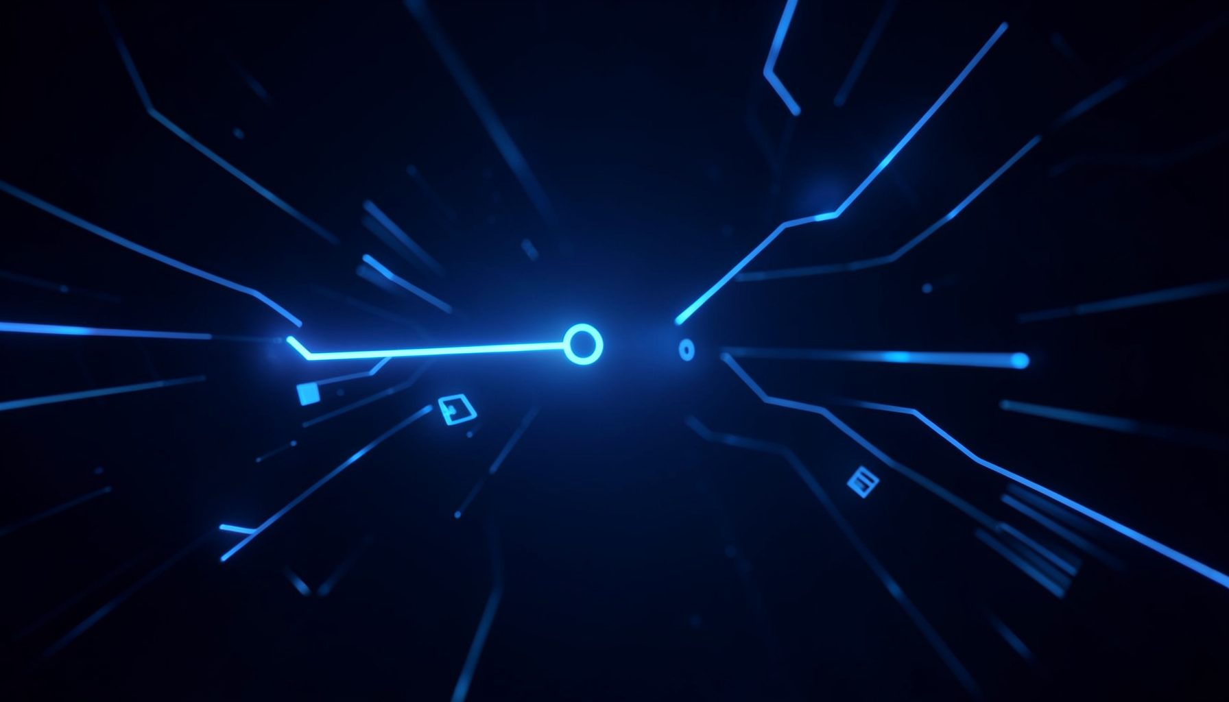 Dark blue abstract background with glowing key-shaped light streaks, tech atmosphere
