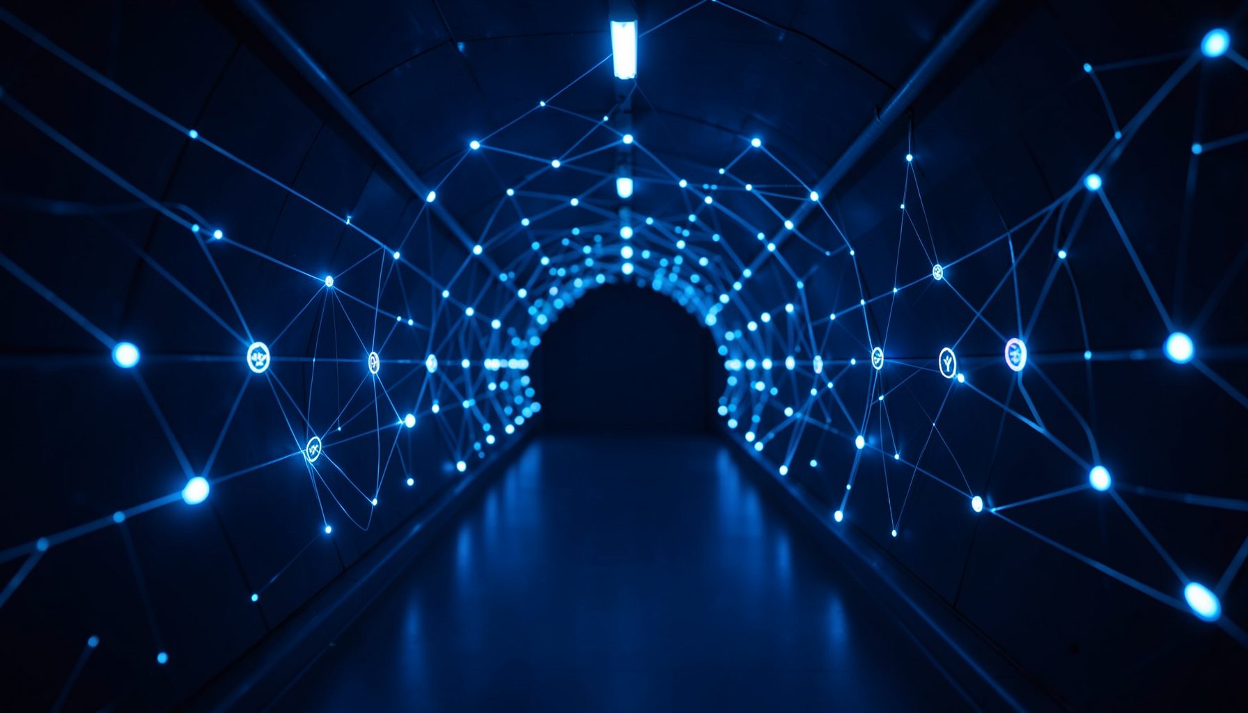 Dark blue digital tunnel with glowing network nodes suggesting encrypted VPN connection