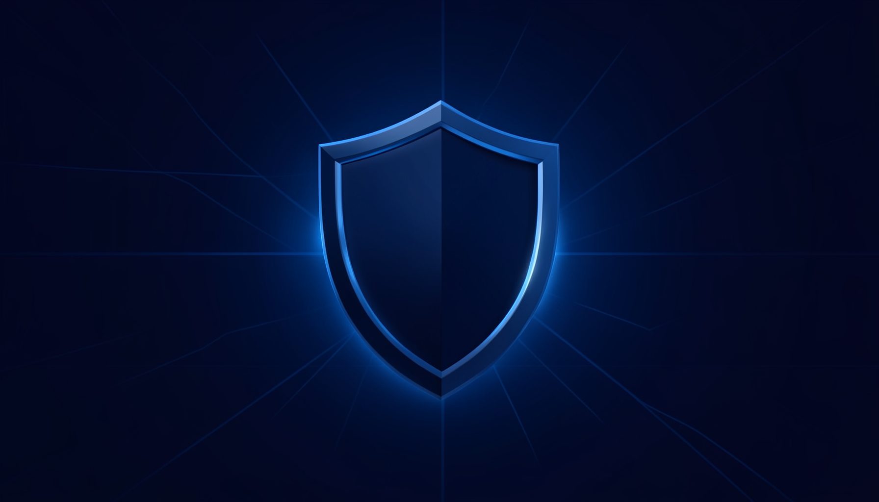 Dark blue shield icon glowing against a deep navy background with subtle digital grid lines