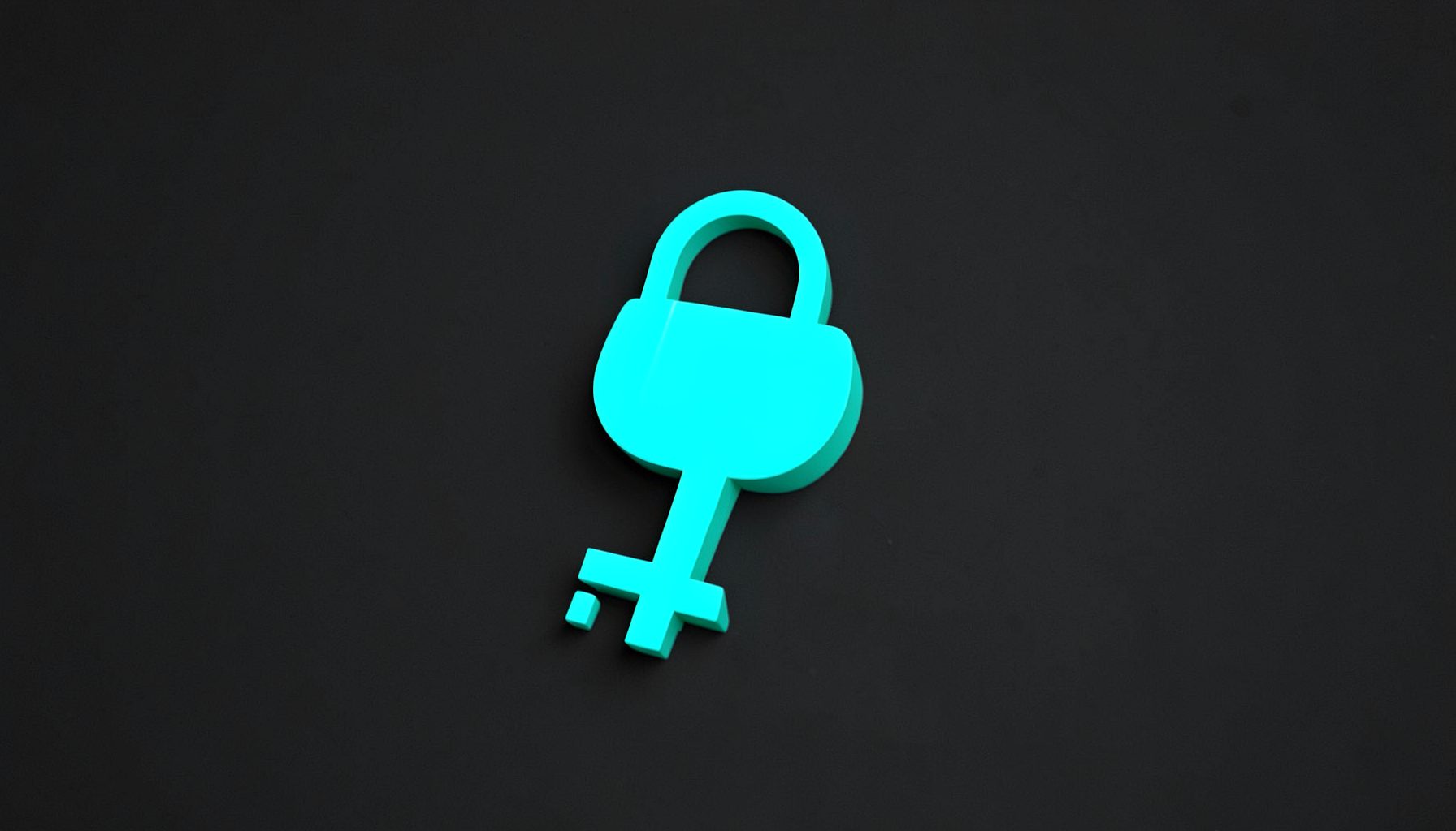 Dark charcoal backdrop with bright cyan lock-and-key icon, hacker-style aesthetic