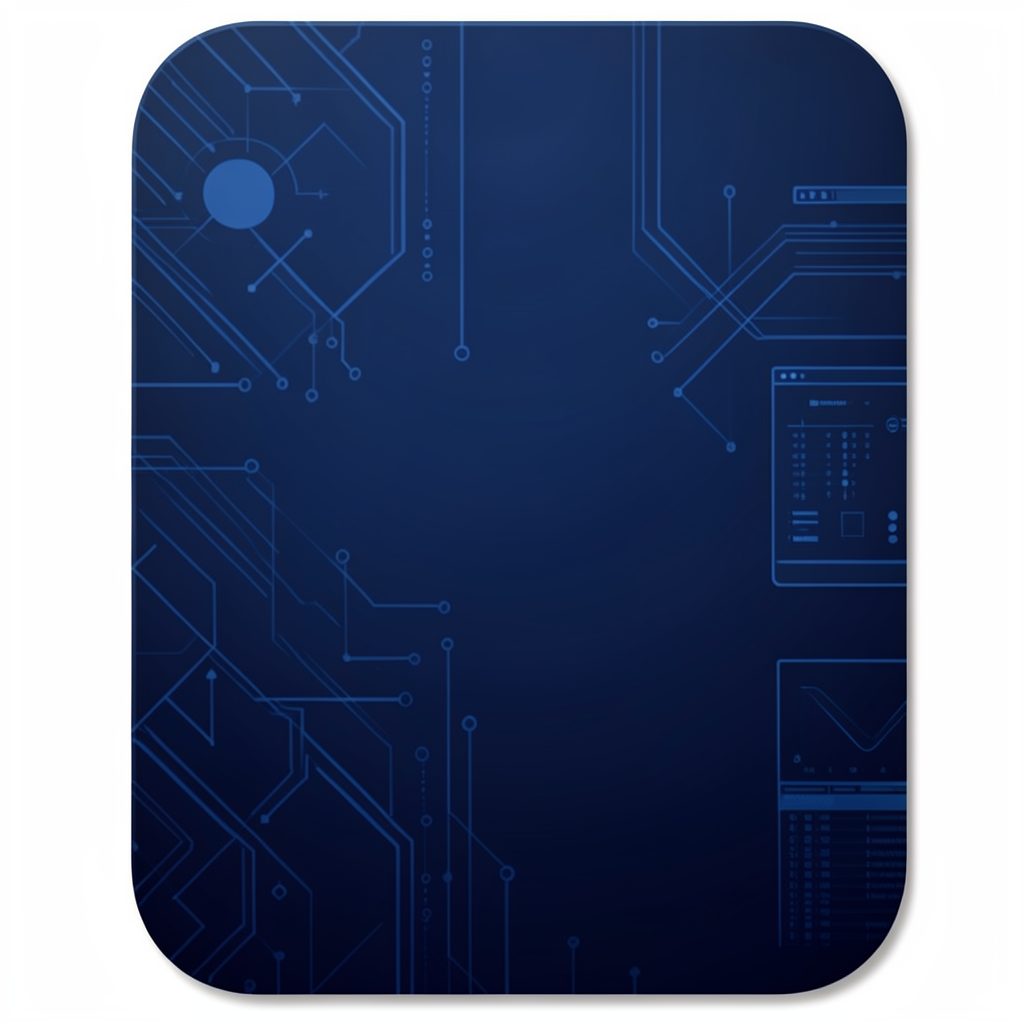 Dark gradient overlay on a rounded card with abstract software interface patterns in deep blue tones