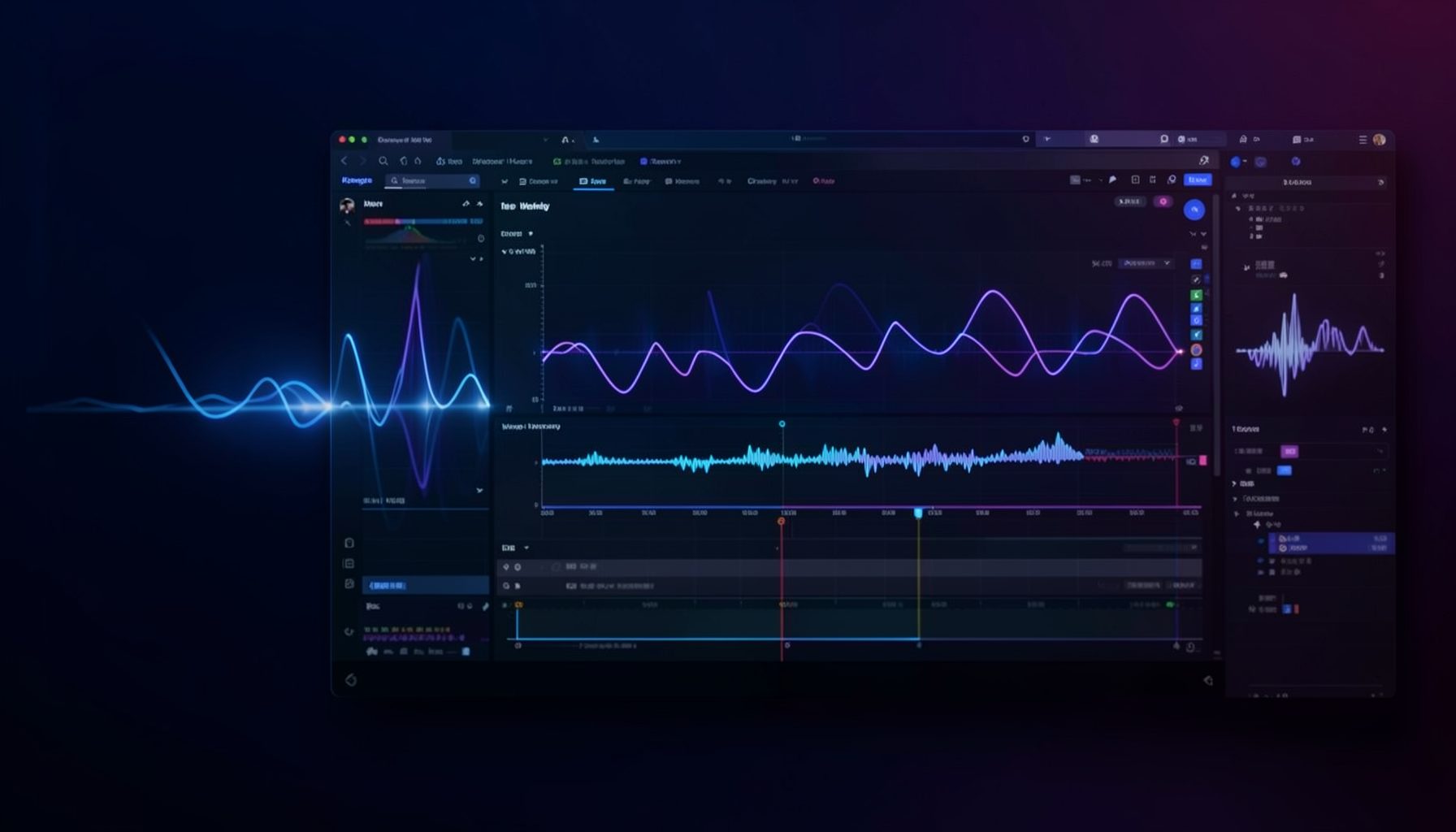 Dark gradient workspace with glowing waveforms and a video editing timeline on screen, deep blues and purples with soft neon accents