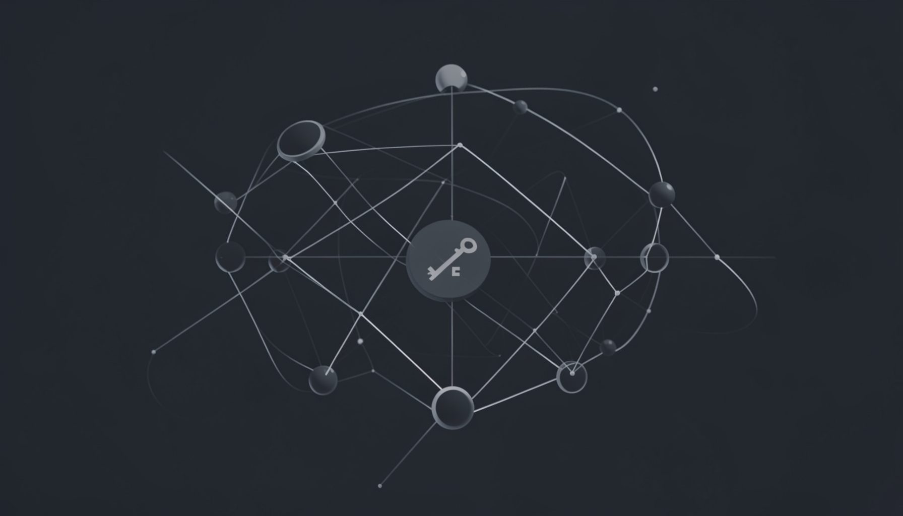Dark slate background with interconnected globe nodes and a subtle key icon