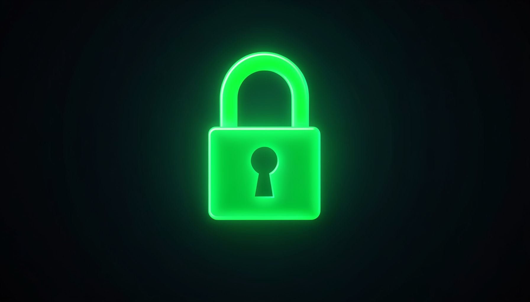 Luminous green lock symbol on a dark gradient background suggesting digital protection