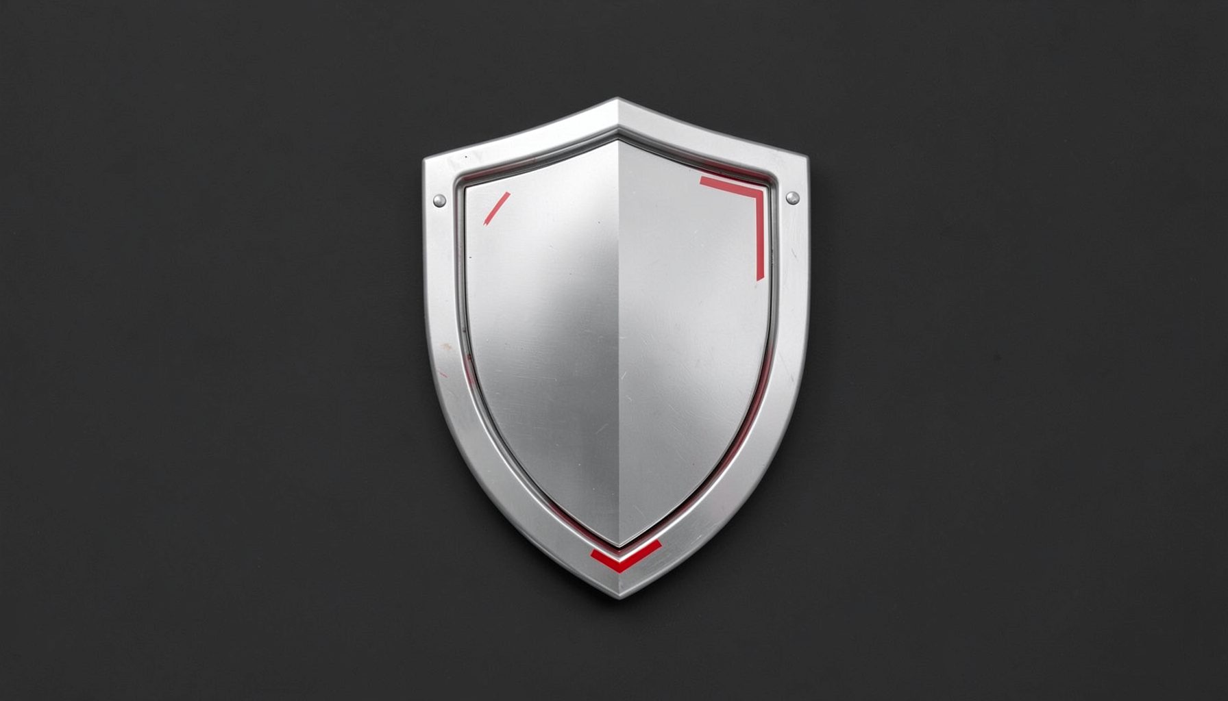 Metallic silver shield emblem with subtle red warning accents on a dark charcoal backdrop