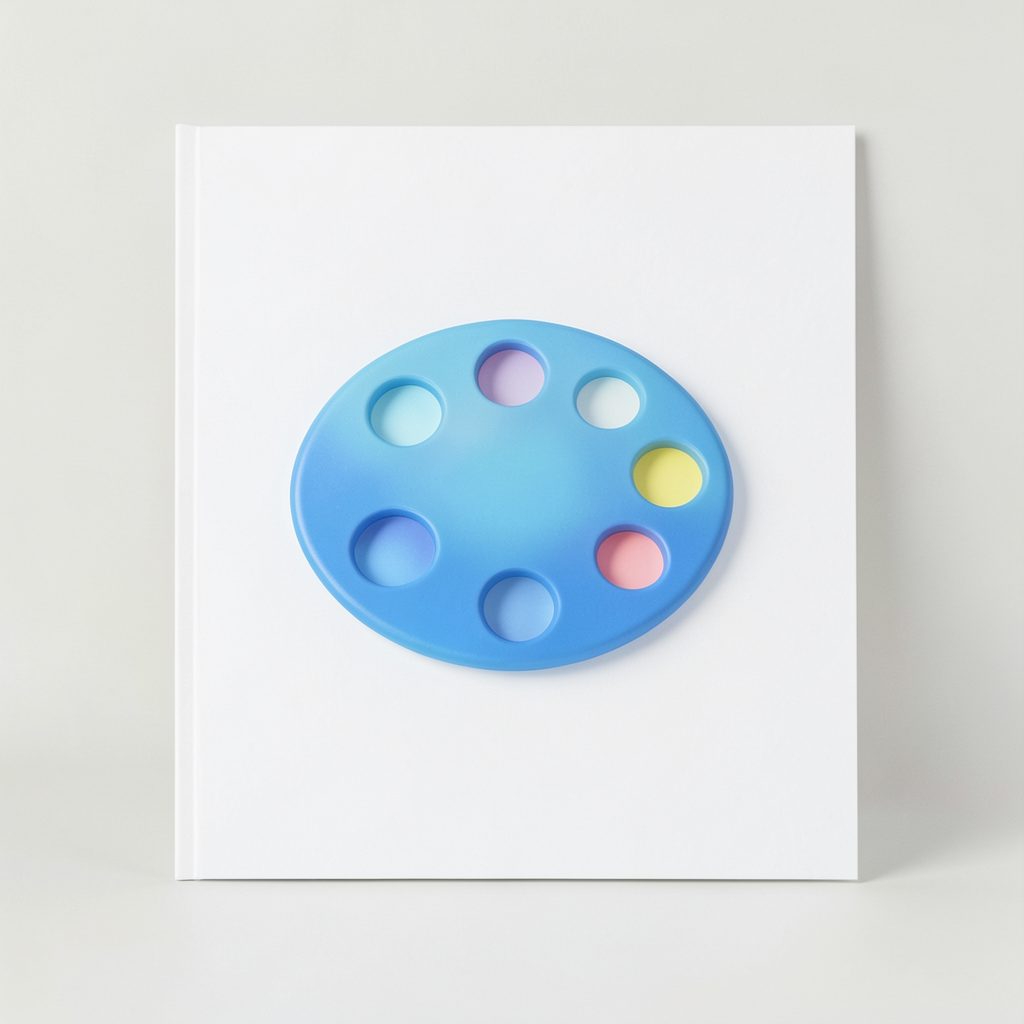 Paint palette icon on a white card with gentle blue highlight, representing design software