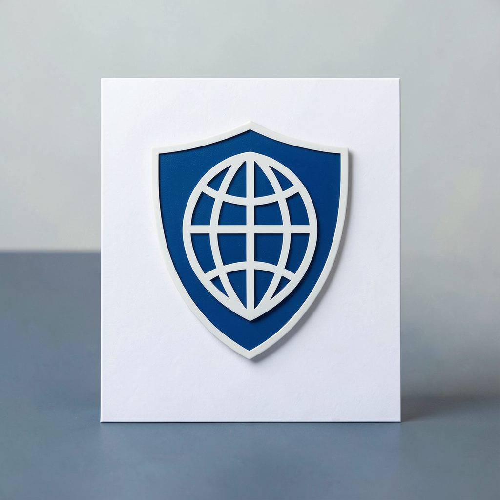 Shield with globe icon on a white card, representing VPN software