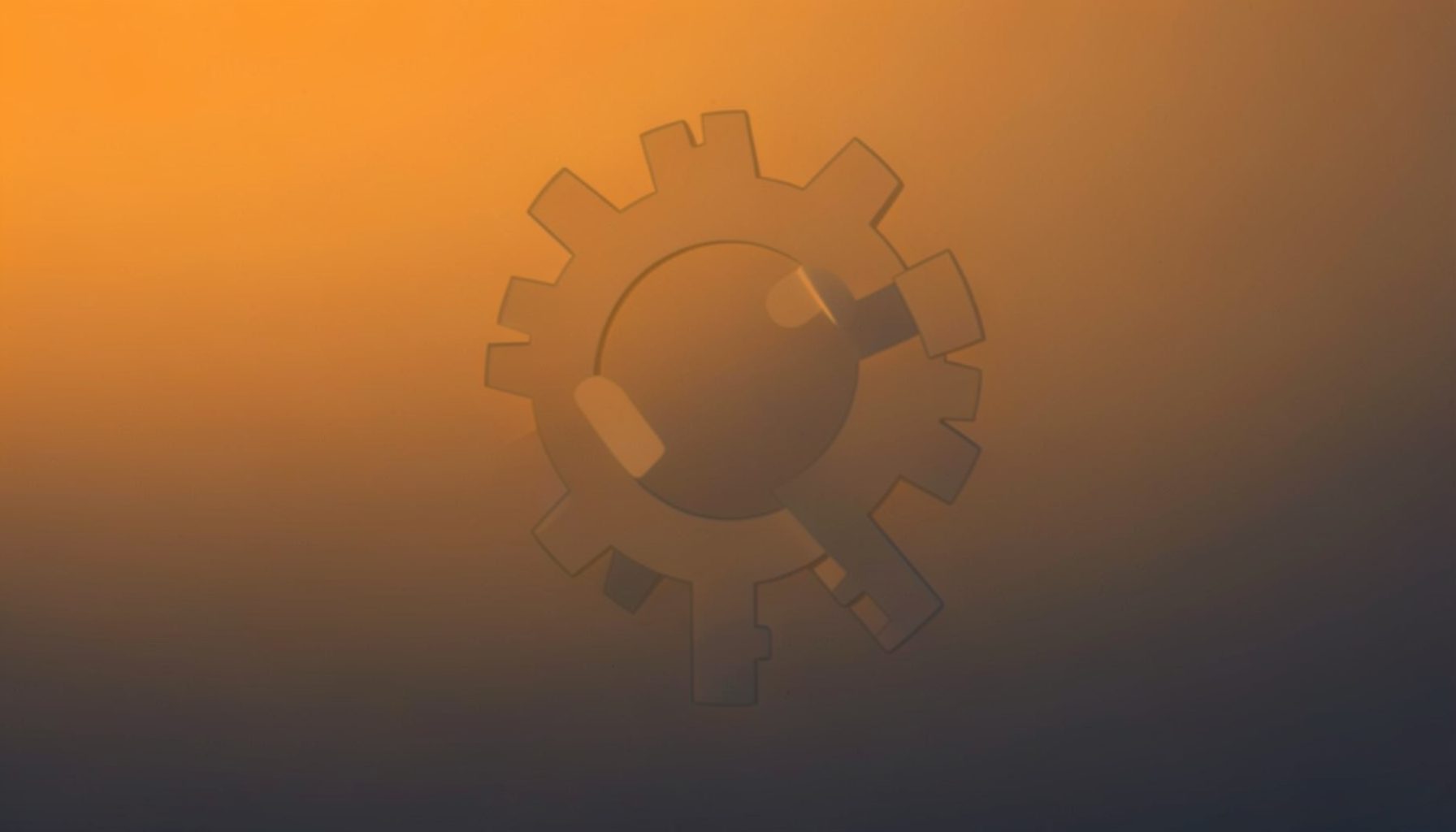 Warm amber and dark gray gradient with abstract gear-and-key motif, system-tool vibe